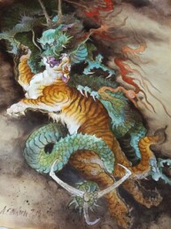 Pintura de tigre y dragon en papel de acuarela